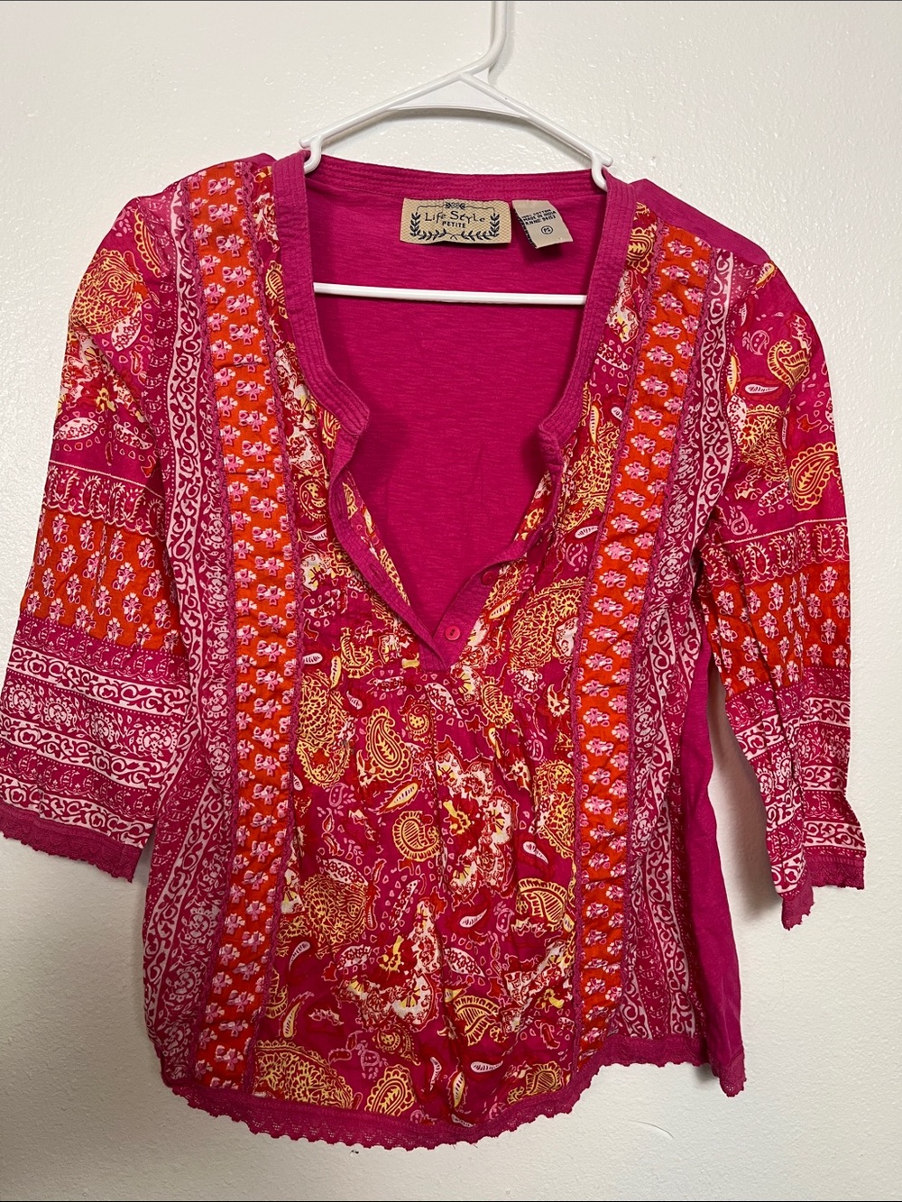Paisley V-Henley Blouse in Fuchsia & Orange